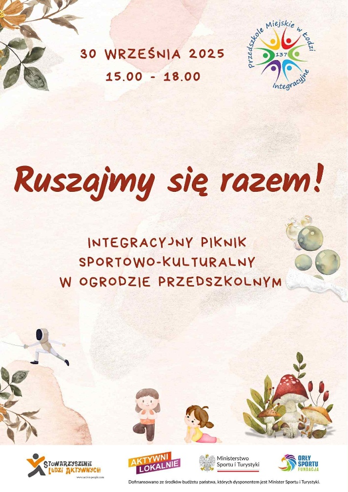 Plakat wydarzenia: 30 września 2025, godz. 15:00 - Ruszajmy się rzazem! Integracyjny piknik sportowo-kulturalny w ogrodzie przedszkolnym