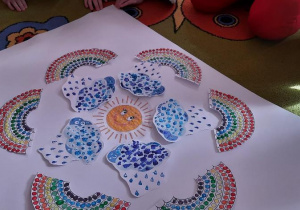Mandala pogodowa wykonana przez dzieci metodą kropkowania.