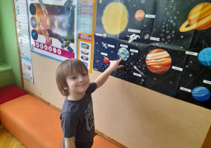 Chłopiec wskazuje Ziemię.