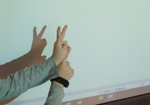 Dzieci wykonują sekwencję gestów tworząc cienie na tablicy.