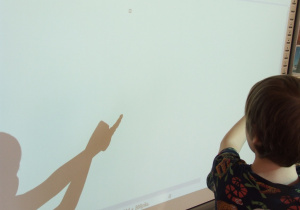Chłopiec wykonuje sekwencję gestów tworząc cienie na tablicy.