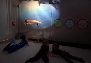 Dzieci leżą na podłodze, oglądają slajdy wyświetlane na ścianie.