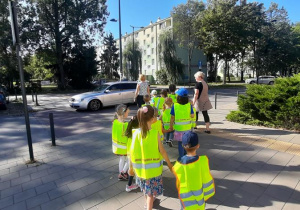 Dzieci wraz z nauczycielką dochodzą do przejścia dla pieszych.