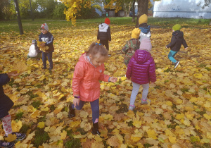 Dzieci zbierają liście.