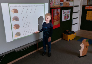 Dziecko wykonuje zadanie z jeżami na tablicy multimedialnej.