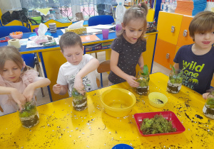 Dzieci tworzą swój las w słoiku.