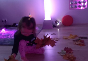 Dziewczynka zbiera jesienne liście.