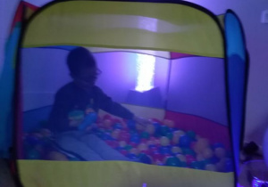 Chłopiec bawi się w namiocie z piłkami.