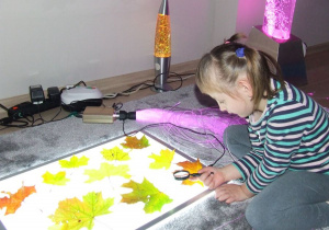 Dziewczynka ogląda liście przy użyciu lupy. 
