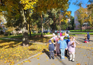 Dzieci stoją na tle jesiennych drzew i błękitnego nieba.