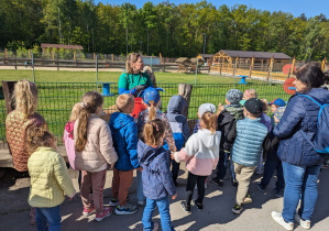 Dzieci zwiedzają mini zoo i karmią zwierzęta.