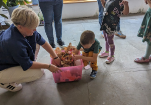 Dzieci szukają szmaragdów ukrytych w pudełkach.