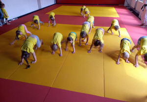 Dzieci uczestniczą w treningu judo.