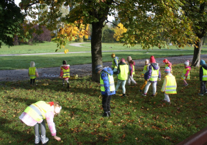 Dzieci szukają kasztanów w parku.