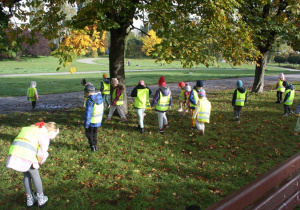 Dzieci szukają kasztanów w parku.