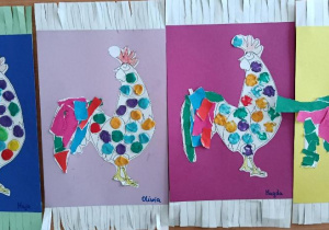 Prace plastyczne - koguty na ręcznikach.