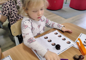 Dzieci układają kasztany.