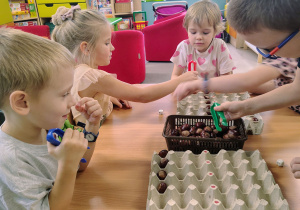 Dzieci układają kasztany.