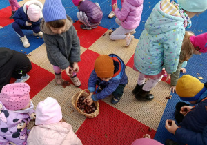 Dzieci bawią się kasztanami na tarasie.