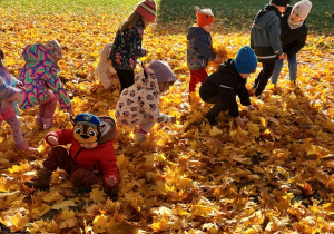 Zabawy dzieci w liściach.