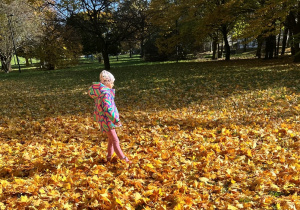 Dziewczynka spaceruje po liściach.