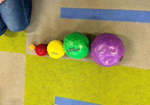 Piłki ułoożne na dywanie od najmniejszej do największej.