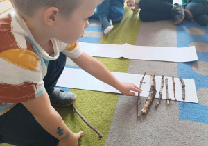 Dziecko układa na białej kartce patyki od najmniejszego do największego.