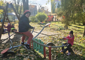 Dzieci huśtają się na huśtawce.