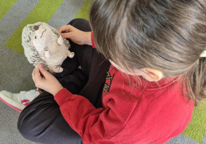 Dziewczynka trzyma w dłoniach maskotkę jeża.