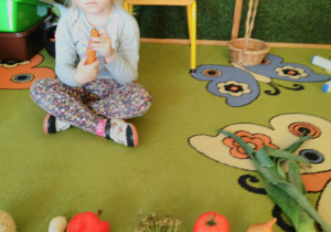 Dziecko rozpoznaje warzywo po dotyku. Przed nim leżą warzywa.