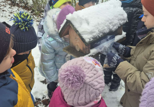 Dzieci wsypują ziarenka do karmnika.