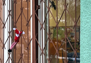 Skrzat za oknem sali przedszkolnej.