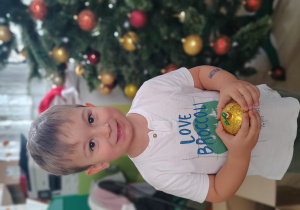 Chłopiec ubiera choinkę.