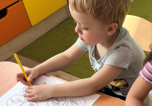 Chłopiec koloruje obrazek.