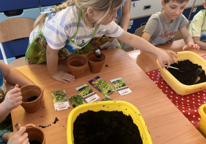 Dziewczynki wsypują ziemię do doniczek.