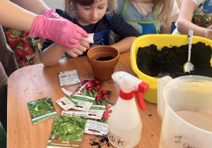 Dzieci sadzą roślinki.