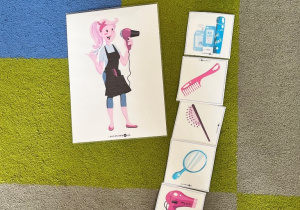 Fryzjerka i jej atrybuty na obrazkach.