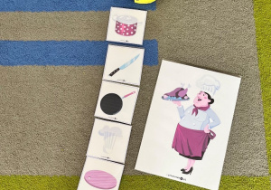 Kucharz i atrybuty jego pracy na obrazkach.