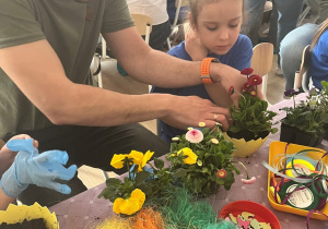 Tato i dziewczynka wkładają kwiat do doniczki.