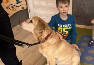 Dziecko głaszcze pieska.