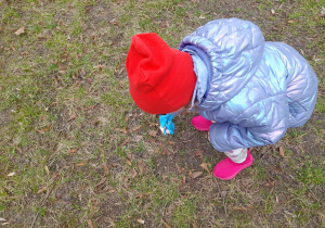 Dziewczynka podnosi śmieć z ziemi.