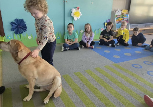 Dziecko głaszcze pieska.