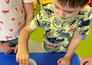 Chłopiec układa fasaolki na gazie.