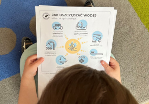 dziecko trzyma w dłoni kartę "Jak oszczędzać wodę".