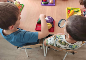 Chłopcy oglądają i dotykają warzywa na tacce.