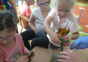 Dzieci wkładają gałązki do wazonu.