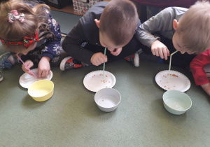 Dzieci za pomocą słomki przenoszą ziarna kukurydzy z talerzyka do miseczki.