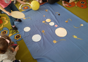 Na dywanie dzieci układają papierowy Układ Słoneczny.