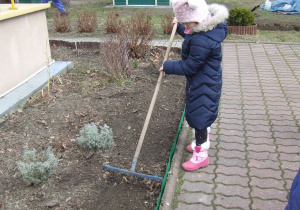 Dziewczynka grabi ziemię.