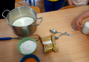 Potrzebne składniki na budyń: mleko, mąka ziemniaczana, jajka, cukier.